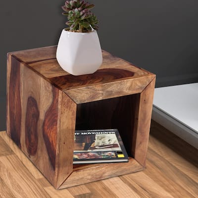Cube Shape Rosewood Side Table With Cutout Bottom, Brown - 16 H x 16 W x 16 L Inches