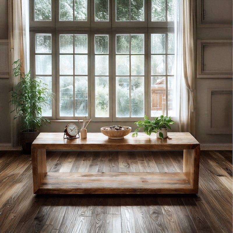 Modern Rectangular Mango Wood Coffee Table with Open Shelf - 57" Wide, Natural Finish