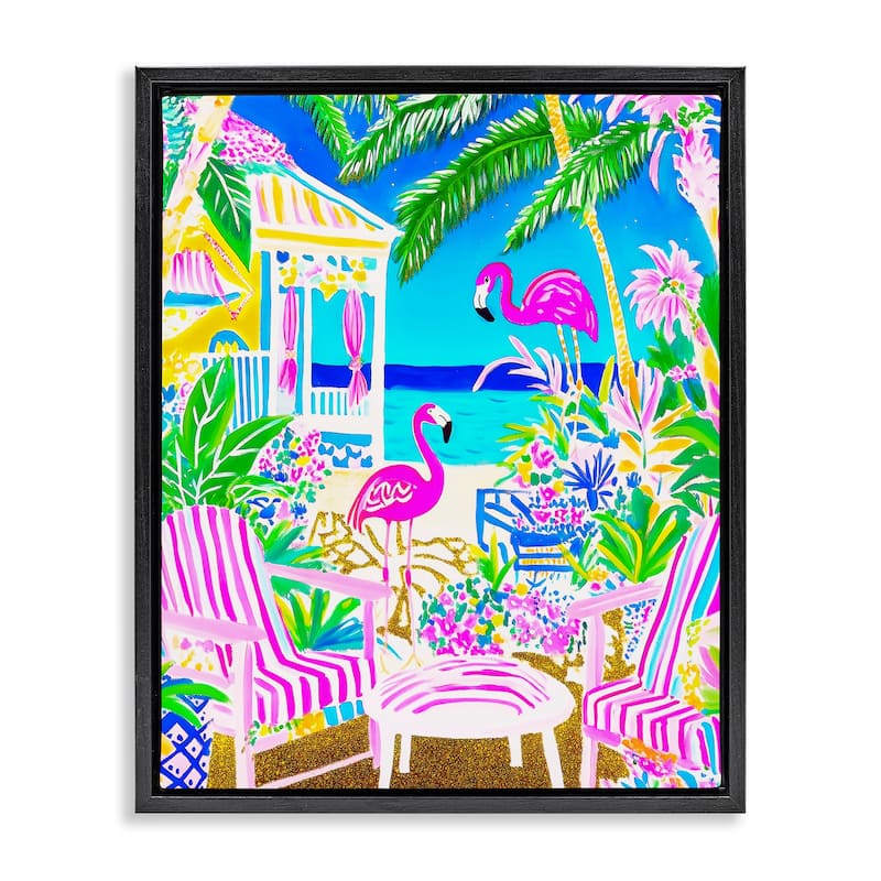 Stupell Vivid Flamingos on Tropical Beach Framed Floater Canvas Wall Art Design By Jess Stempel - 25 x 31 - Black
