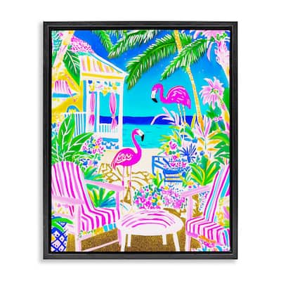Stupell Vivid Flamingos on Tropical Beach Framed Floater Canvas Wall Art Design By Jess Stempel
