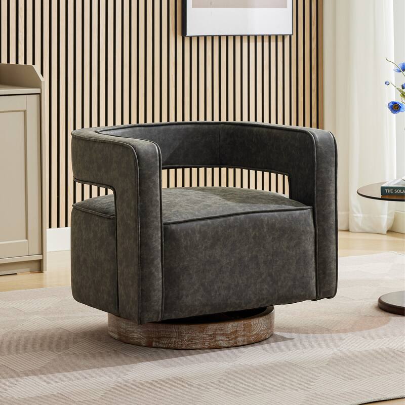 Modern Swivel Chair,PU leather Barrel Chair with Wooden Base and pillow