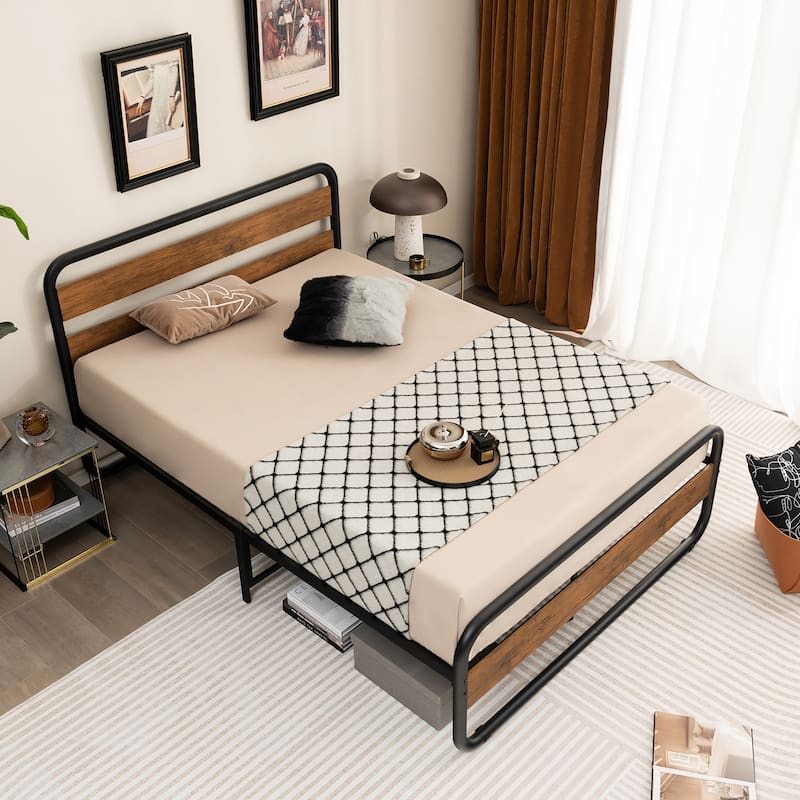 Costway Metal Bed Frame Arc Platform Headboard Footboard Mattress - Black