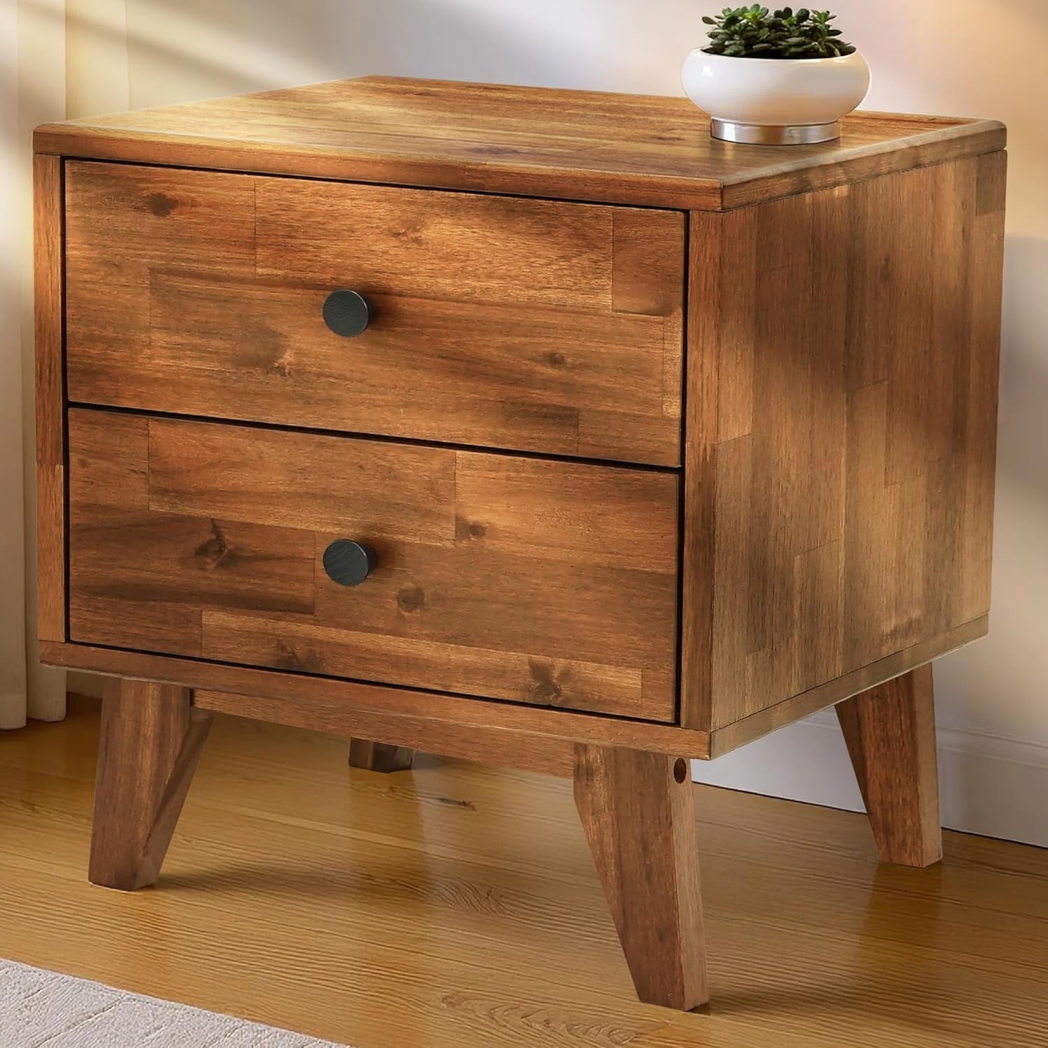 Solid Wood Nightstand with 2 Drawers, Bedside Table with Storage for Bedroom, Walnut Finish