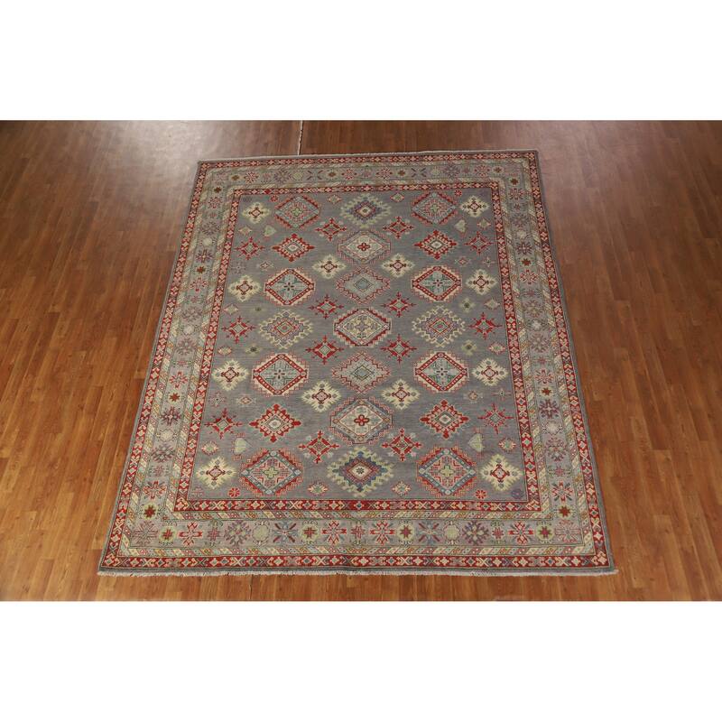 Hand Knotted Oriental 100% Wool Carpet Traditional Geometric Greys & Charcoal Kazak Area Rug - 9' 10'' X 8' 2''