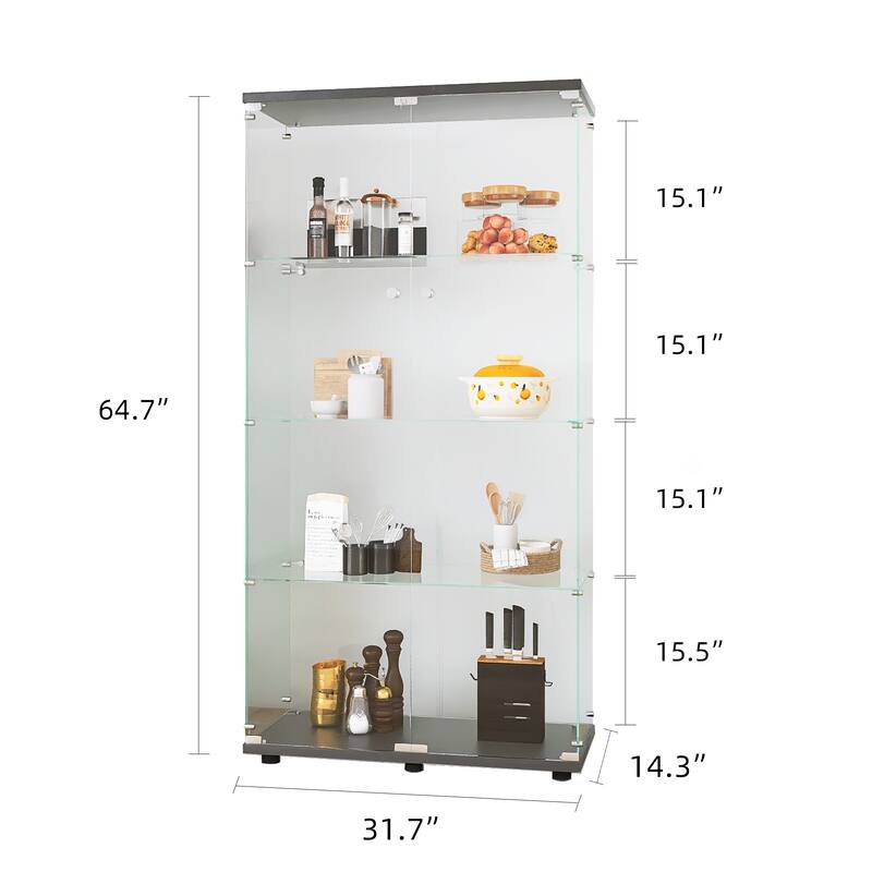 Two-door Glass Display Cabinet 4 Shelves with Door, Floor Standing Curio Bookshelf for Living Room Bedroom Office