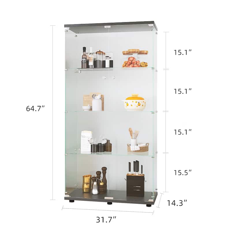 Two-door Glass Display Cabinet 4 Shelves with Door, Floor Standing Curio Bookshelf
