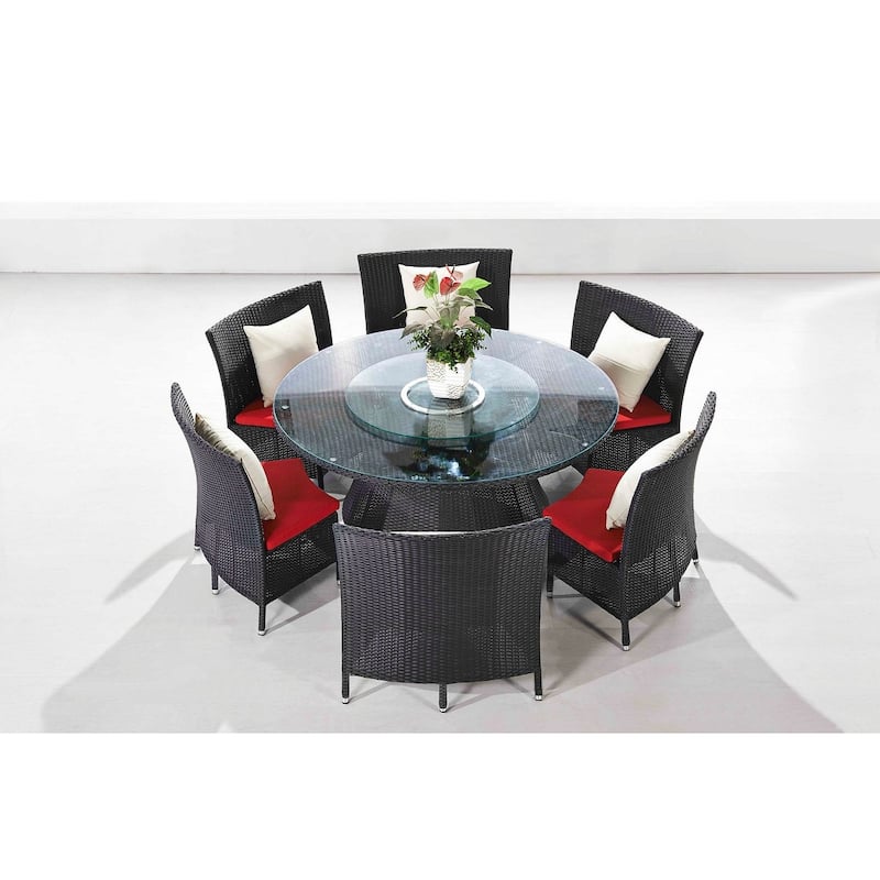 Manhattan Comfort Nightingdale Black 7-Piece Rattan Outdoor Dining Set with Green Cushions - Red