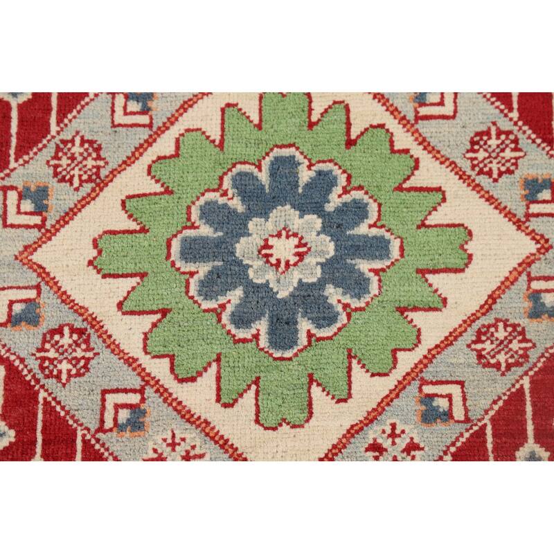 Red Geometric Kazak Accent Rug Hand-Knotted Traditional Wool Carpet - 3'4" x 4'10"