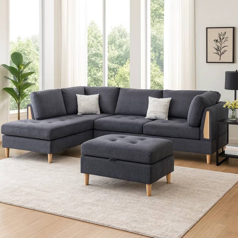 Cato 3 Piece L Shape Sectional Sofa Set with Ottoman, 2 Pillows, Charcoal