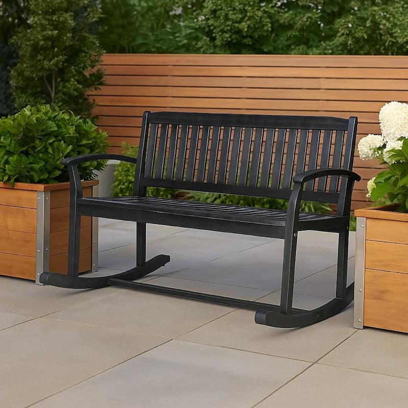 Outdoor Rocking Loveseat Bench, 50 Inch Gray Acacia Wood