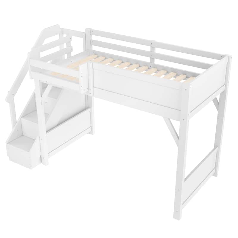 Full/Twin Loft Bed with Built-in Wardrobe, Storage & Stairs - Solid Wood, Full-Length Guardrails, No Box Spring