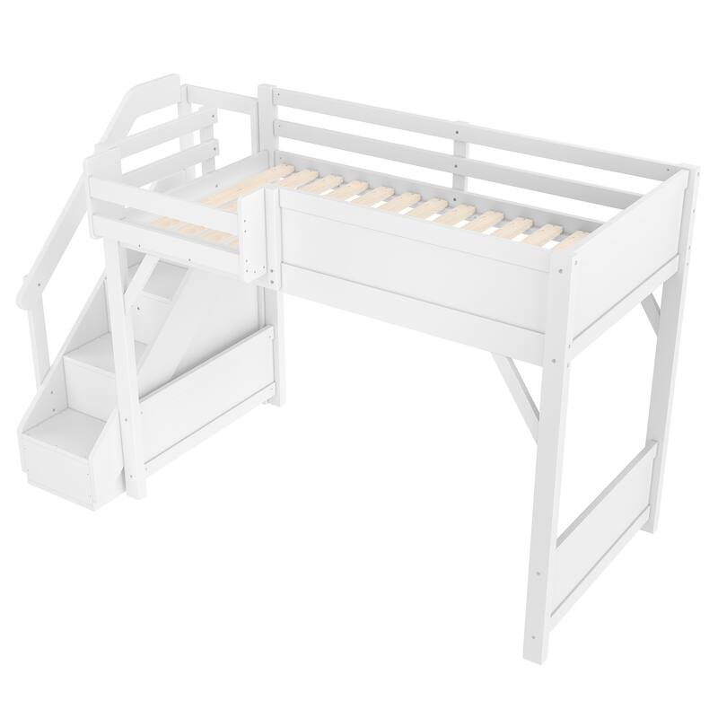 Kids Solid Wood Loft Bed Frame with Built-in Wardrobe, Storage Shelves, Full-length Guardrails and Stairs, No Box Spring Needed