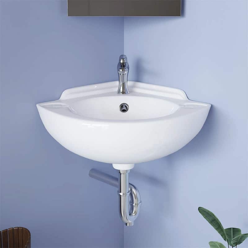 White Ceramic Corner Wall Mount Bathroom Sink Mountain Pond 20.5" with Overflow and Backsplash Renovators Supply