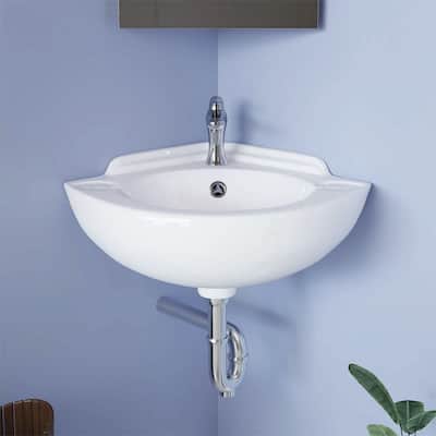 White Ceramic Corner Wall Mount Bathroom Sink Mountain Pond 20.5" with Overflow and Backsplash Renovators Supply