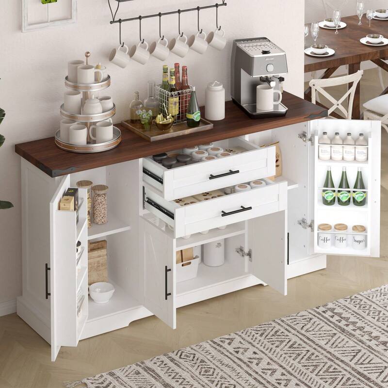 63" Farmhouse Cabinet with 2 Drawers & Door Rack, Large Buffet Table Coffee Bar Cabinets with Adjustable Shelves for Kitchen
