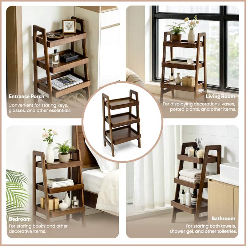 100% Solid Wood Ladder Shelf, 3 Tier Small Ladder Bookshelf, Freestanding Ladder Shelf with Open Storage