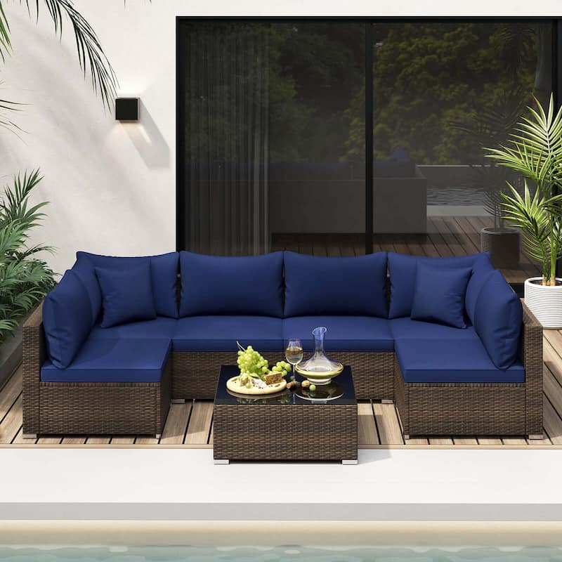 Costway 7 PCS Patio Rattan Furniture Set Sectional Sofa Cushioned - See Details - Navy+Mix Brown
