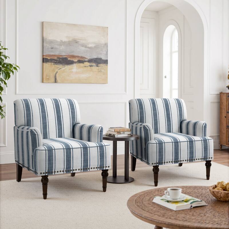Set 2 Striped Upholstered Linen Armchair with Brass Nailhead Trim - DARK BLUE STRIPED