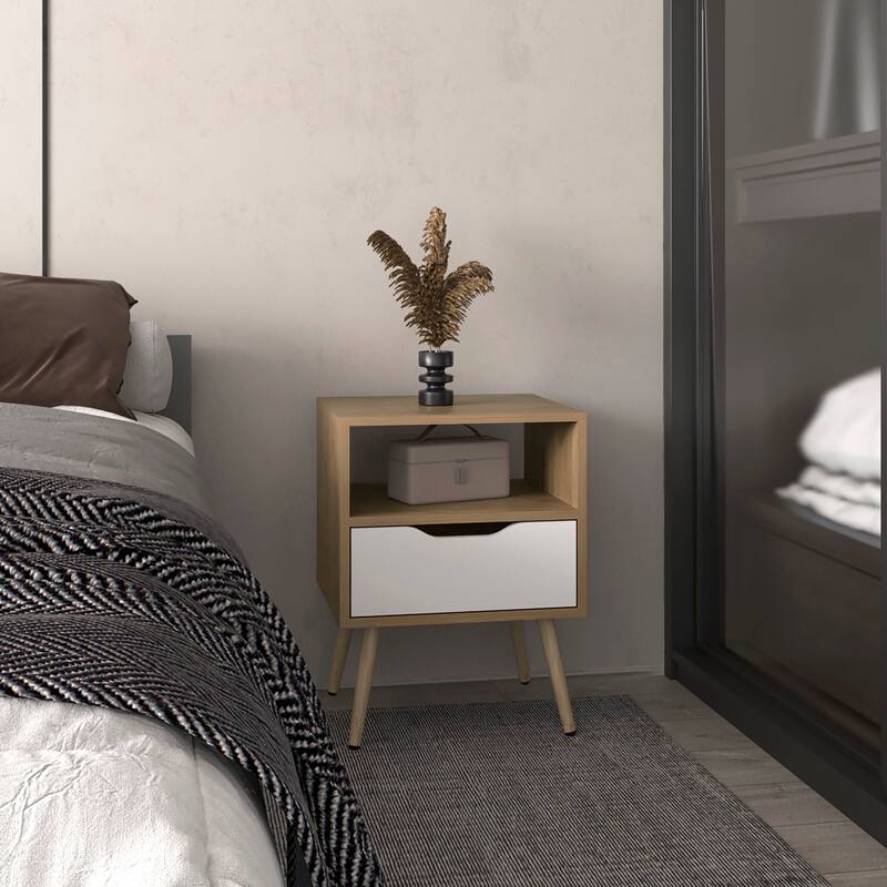 21" High Nightstand, One Drawer, One Open Shelf, Natural Oak, White - Multicolor