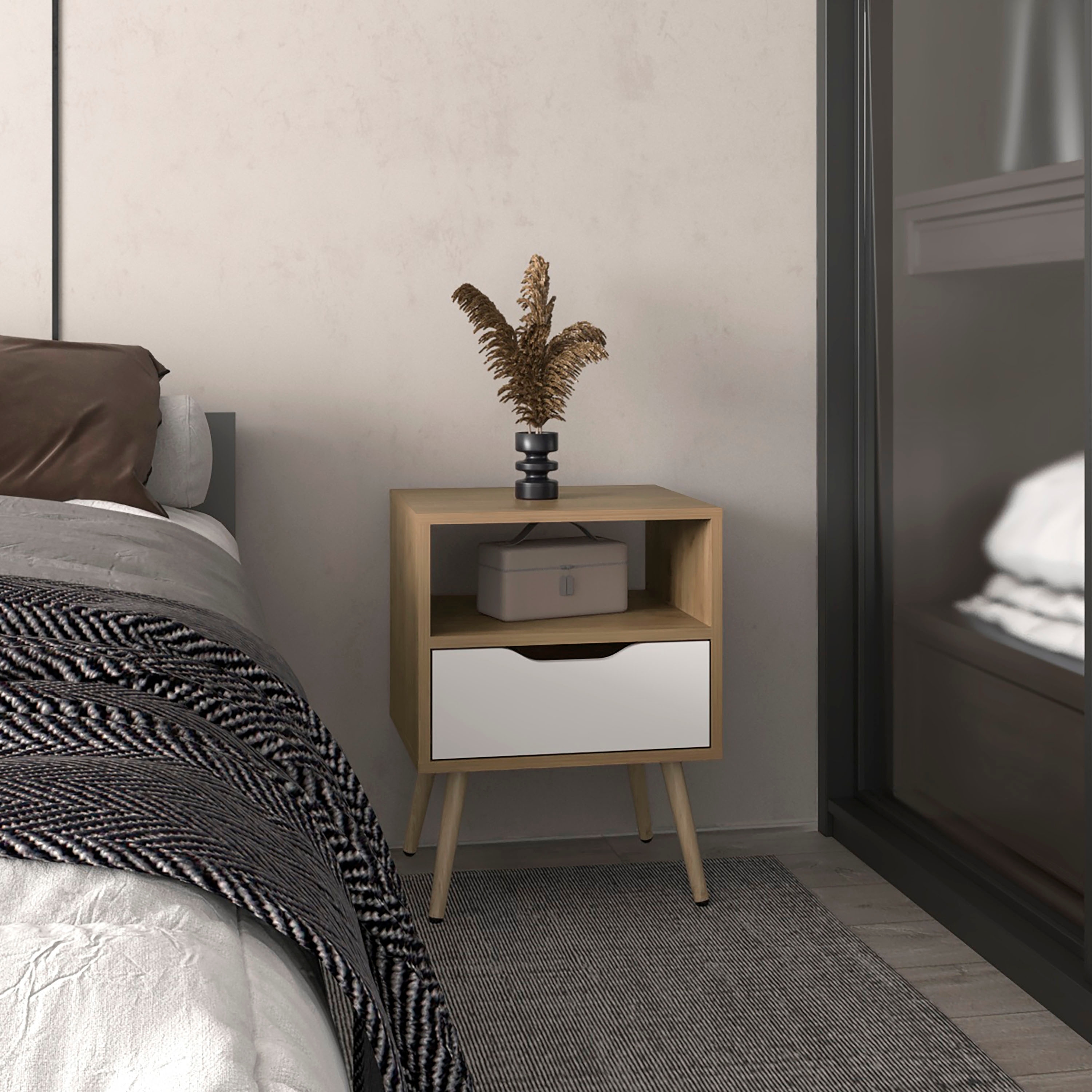 21-Inch High Nightstand with Drawer and Open Shelf, Two-Tone Design, Compact Size - Multicolor
