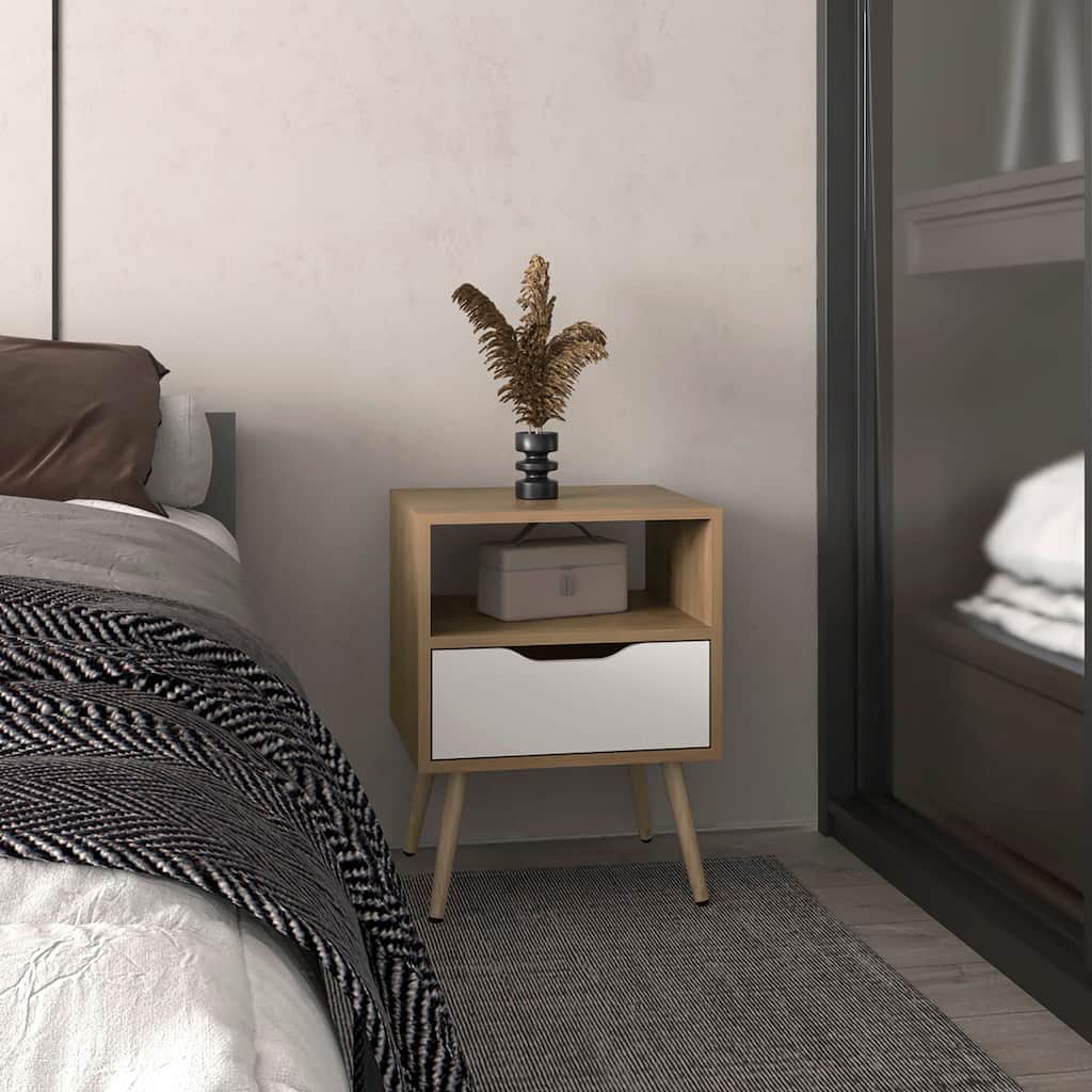 Wenden 21" High Nightstand, One Drawer, One Open Shelf, Natural Oak, White