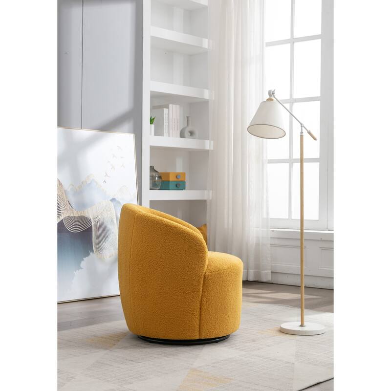Teddy Fabric Swivel Barrel Chair, Round Upholstered Sofa Chair, Reading Leisure Chair with Curved Backrest & Metal Base