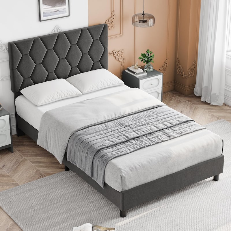 Diamond Upholstered Platform Bed Frame Wood Slat Support