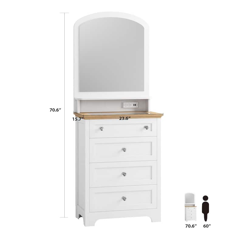 White 4-Drawer Dresser with Mirror, Built-In Charging Station and LED Strip, Modern Vanity Table