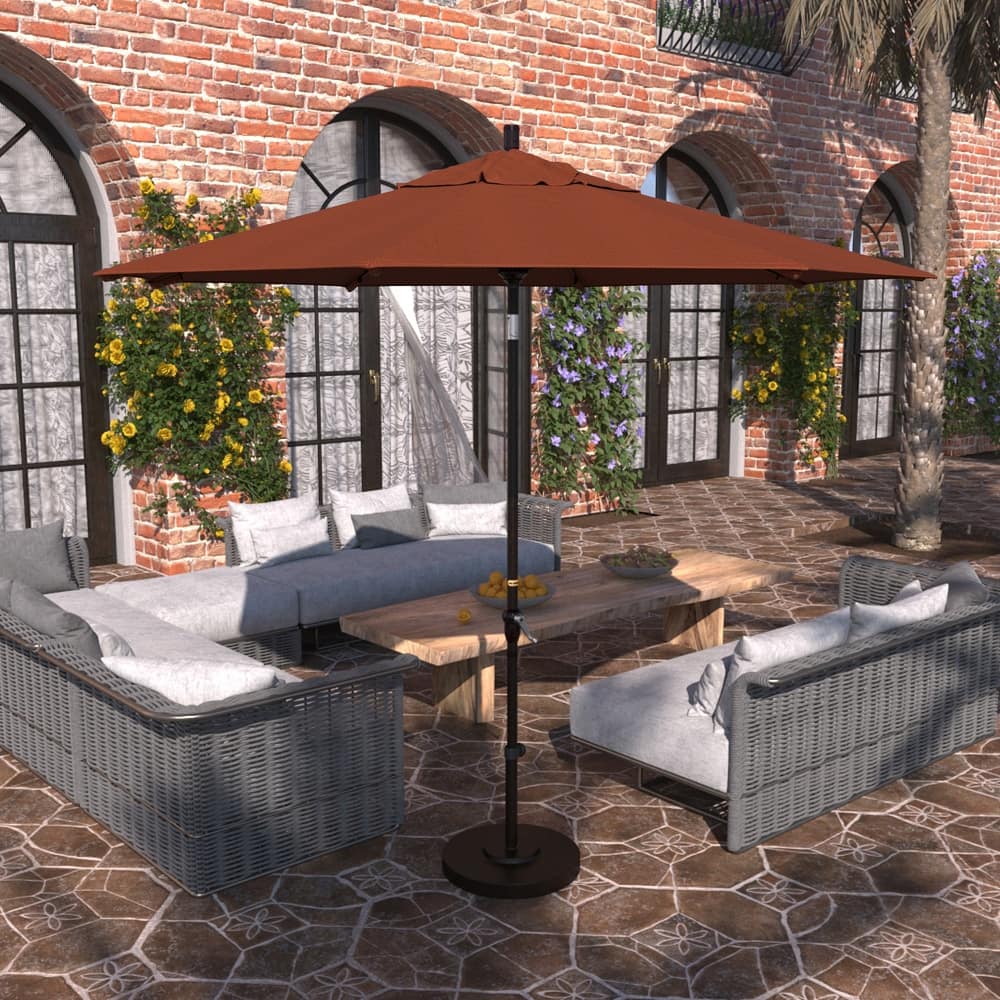 California Umbrella 9' Sunset Series Patio Umbrella Bronze Aluminum Frame and Ribs, Crank Lift Auto Tilt, Olefin Royal Blue