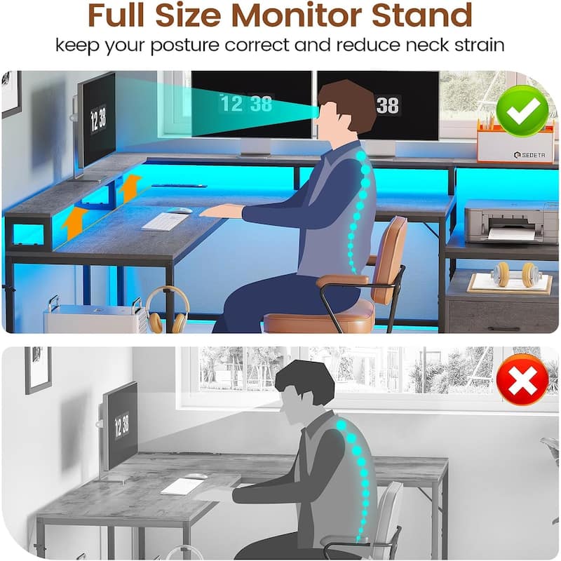 L Shaped Home Office Desk Computer desk File Drawer Power Outlet