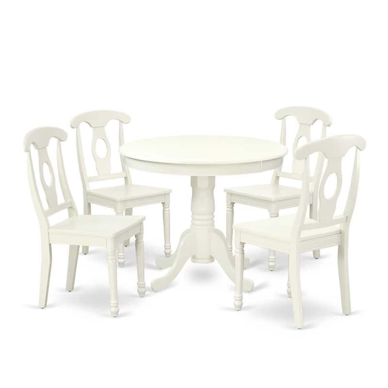 5 Piece Dinette Set - Round Kitchen Table & 4 Chairs - 36 Inch - Linen White Finish