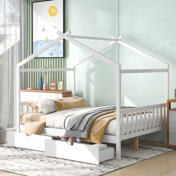slide 2 of 12, Full Size House Platform Bed with Roof Design, Headboard, Footboard, and 2-Storage Drawers, Open Concept, White White
