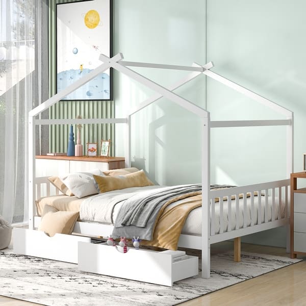 slide 2 of 9, White Full Size Pine Wood House Platform Bed with Two Drawers, Headboard and Footboard White