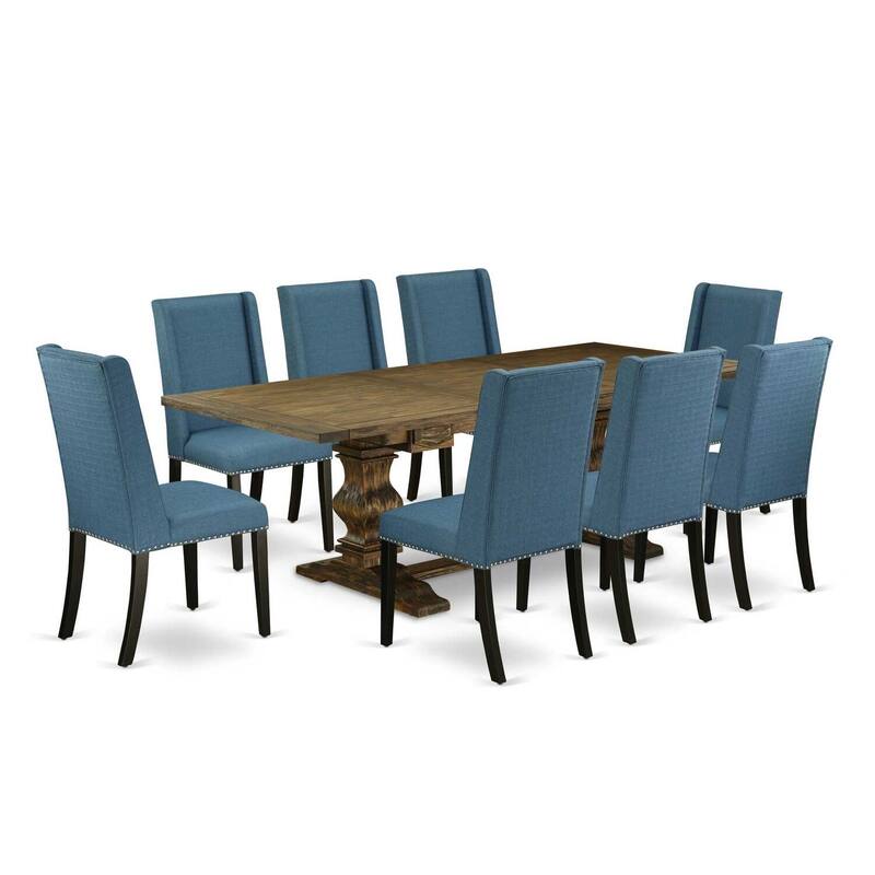 9-Piece Dining Table Set with Linen Accent Chairs - Modern Pedestal Table & Parson Chairs - Distressed Jacobean & Black Finish