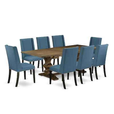 9-Piece Dining Table Set with Linen Accent Chairs - Modern Pedestal Table & Parson Chairs - Distressed Jacobean & Black Finish