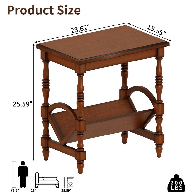 Wooden Side Table Accent Table, End Table Coffee Table with Magazine Rack, Classic Bedside Table with Storage Shelf