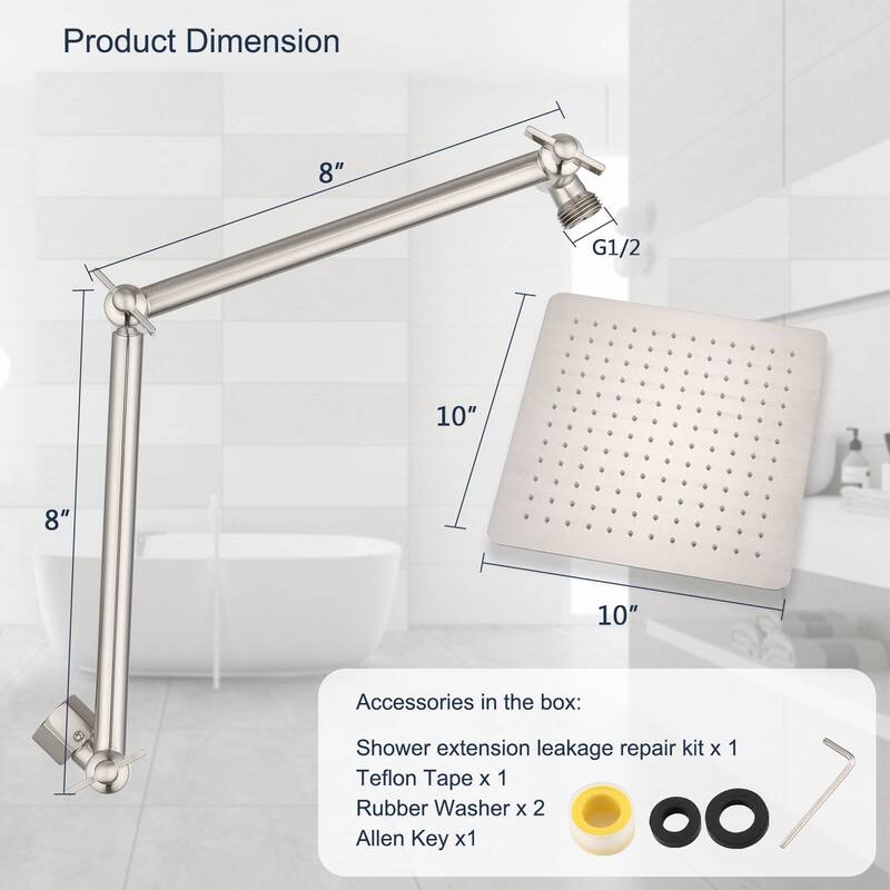 Bathlet 10 inch Rain Shower Head with Height/Angle Adjustable Extension Arm