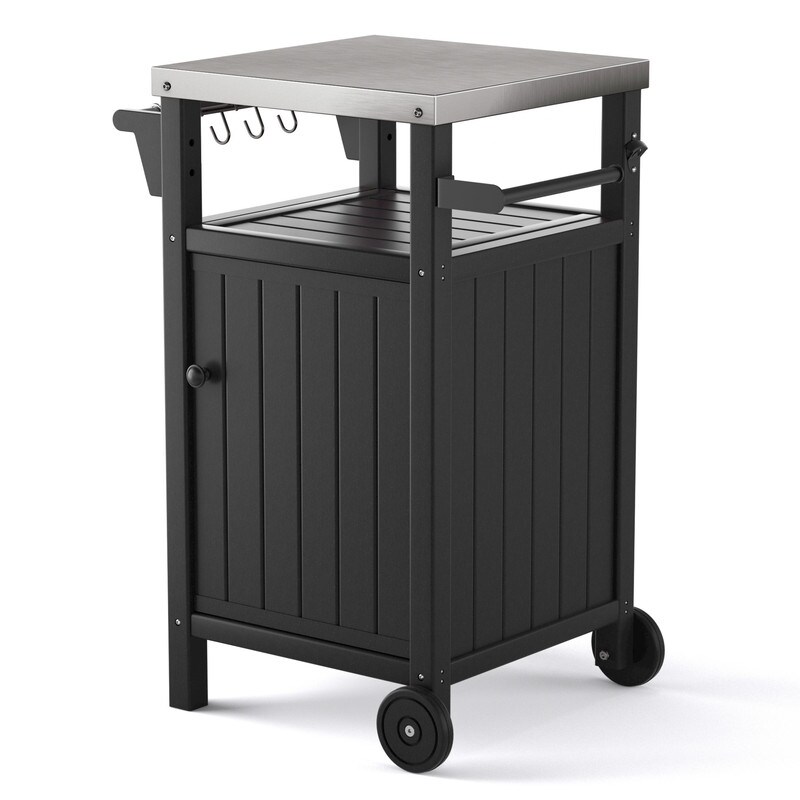 Portable Outdoor Grill Cart with Storage Stainless Steel Tabletop Outdoor Kitchen Island with Wheels Hooks and Side Shelf Brown