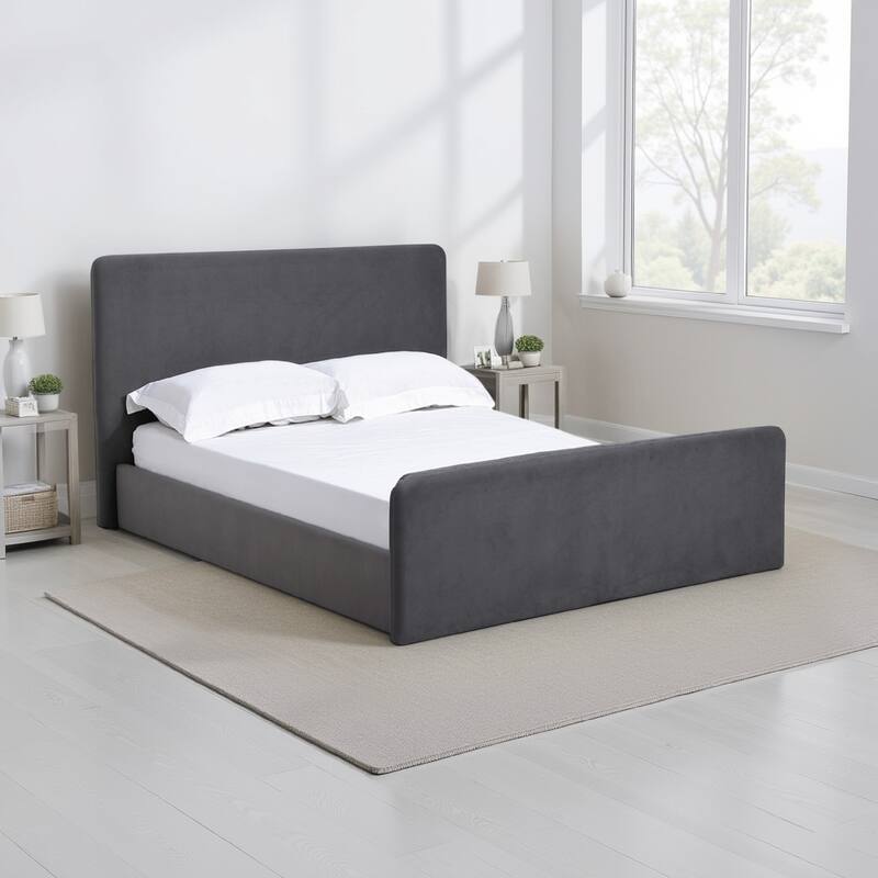 Cave King Size Platform Bed Soft Velvet Upholstered Charcoal Gray