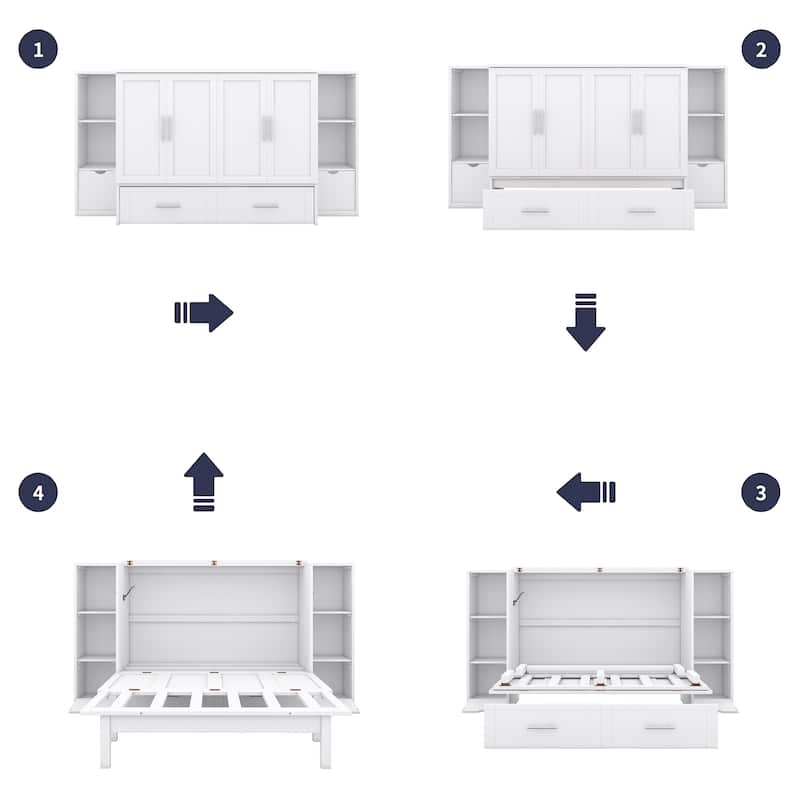 White Full Size Murphy Bed with Shelves, Drawers, USB Ports