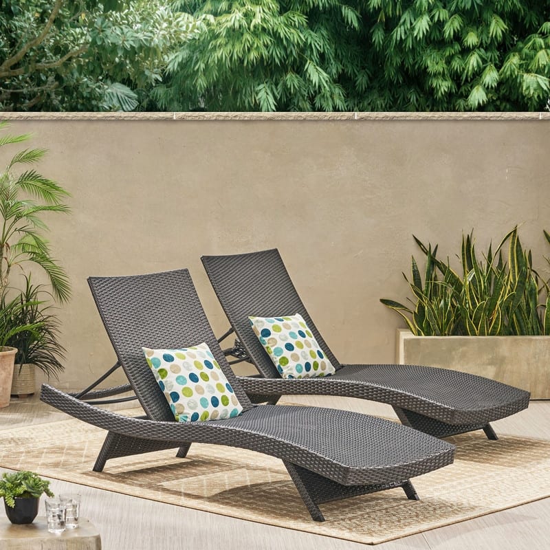 2-Piece PE Wicker Chaise Lounge Set, Adjustable Outdoor Stackable Sunbathing Chairs