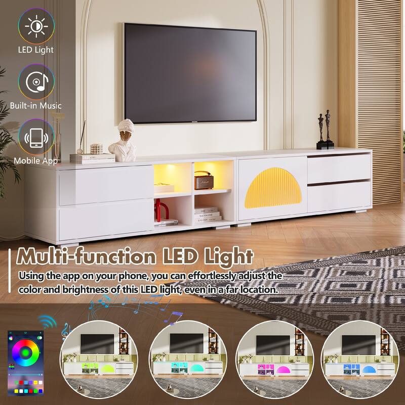 Modern TV Stand with Fluted Glass Door,2 Drawers and LED Light