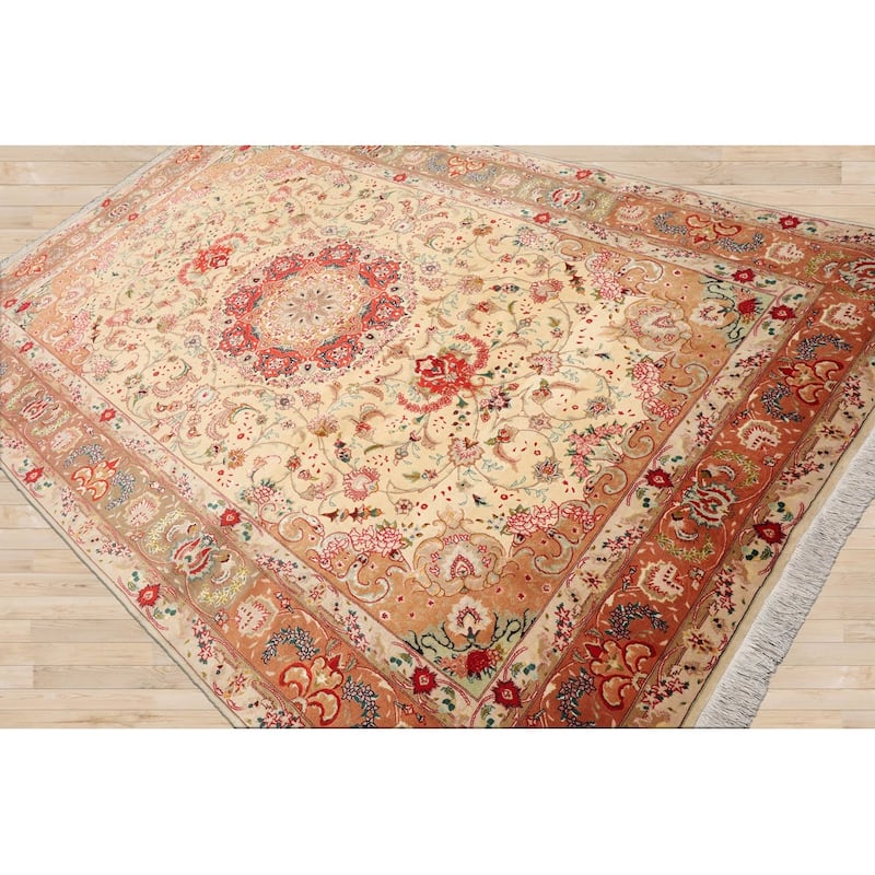 Hand Knotted Ivory Persian Wool & Silk Traditional Oriental Area Rug - 6' 7'' x 10' 2''