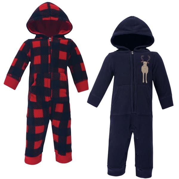 slide 1 of 1, Hudson Baby Infant Boy Fleece Jumpsuits, Coveralls, and Playsuits 2pk, Forest Moose 0 - 3 Months - Blue