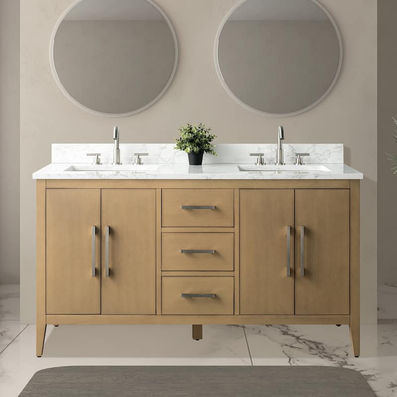 Vanity Art 60" Double Sink Bathroom Vanity Cabinet with Engineered Marble Top - 60"/Brushed Nickel Handle - Natural Oak