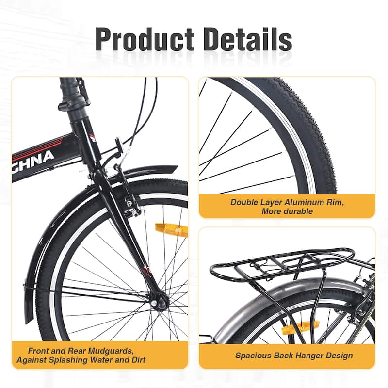 24 Inch Folding Bike for Adults with Fenders,Steel Frame Single Speed City Commuter,Dual V-Brake Portable Compact Bicycle