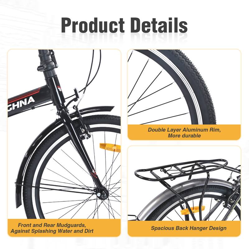 24 Inch Folding Bike with Fenders, Single Speed City Commuter Bicycle with Dual V-Brake, Steel Frame Portable Compact Bicycle