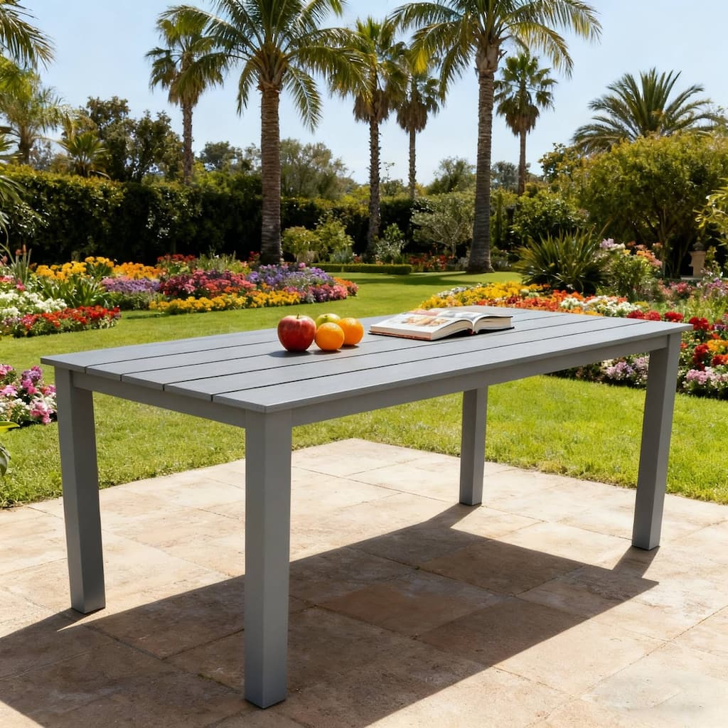 Wood Look Dining Table with Umbrella Hole Stainless Steel Legs Outdoor Picnic