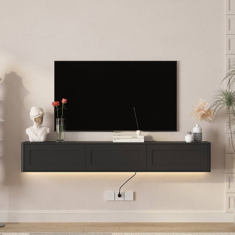 Floating 68" Wall Mounted TV Stand for TVs up to 75", Media Console Table with LED Lights and Power Outlet