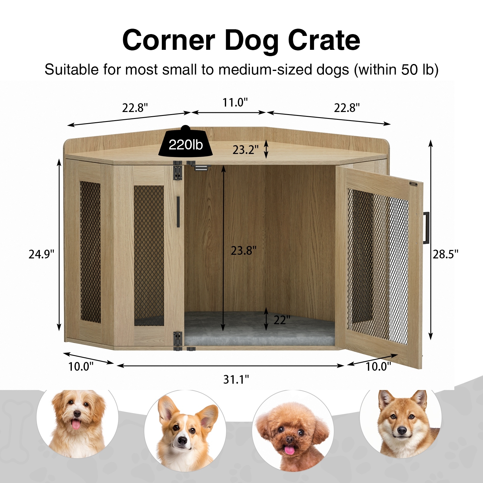Anmytek Corner Dog Crate Furniture Wooden Dog Kennel End Table
